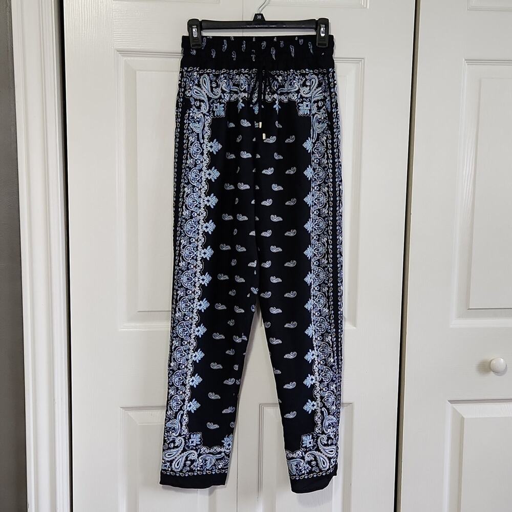 DKNY Blue Paisley Pants Elastic Waistband Tie Waist Pockets Size XS